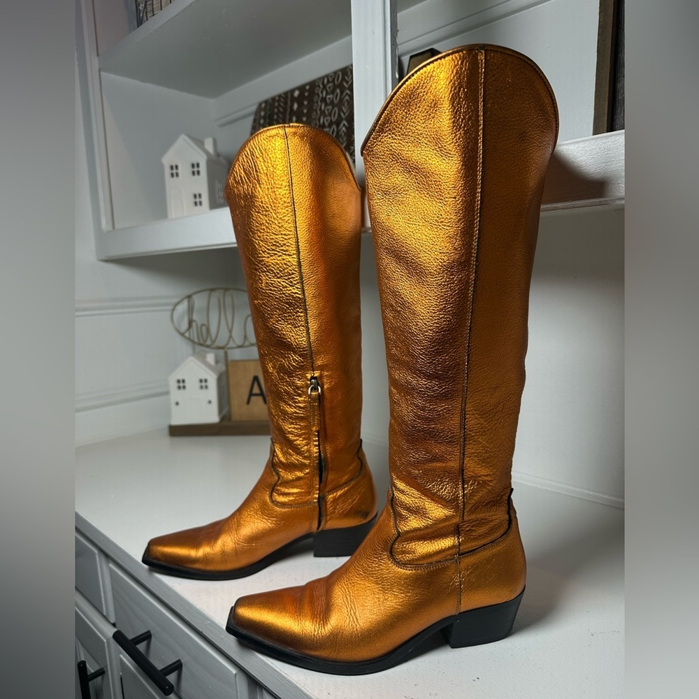 Feners Metallic Bronze Knee High Boots EU37 6.5/7 Pointed Toe Leather Western